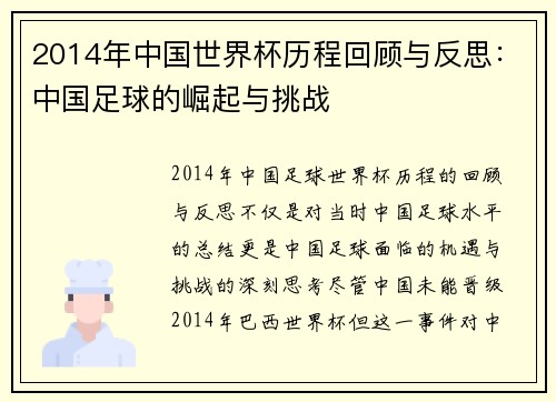 2014年中国世界杯历程回顾与反思：中国足球的崛起与挑战