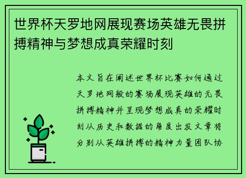 世界杯天罗地网展现赛场英雄无畏拼搏精神与梦想成真荣耀时刻
