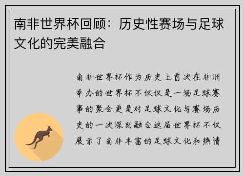 南非世界杯回顾：历史性赛场与足球文化的完美融合