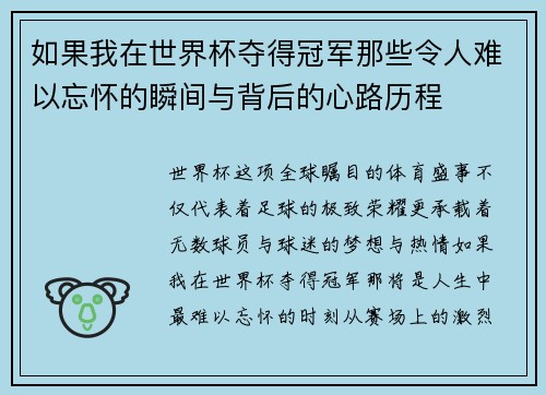 如果我在世界杯夺得冠军那些令人难以忘怀的瞬间与背后的心路历程